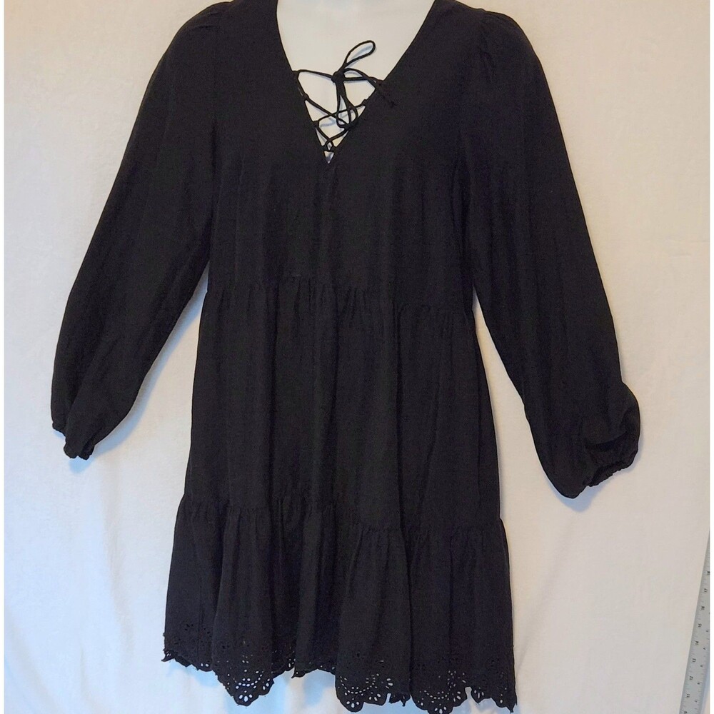 Old Navy Women's L Tall Black Lace Up Tiered Eyelet Hem Dress Long Sleeve